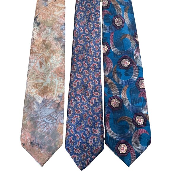 Oscar de la Renta Men's Necktie Tie Silk Red Blue Geometric USA 57-59" Lot of 6 - Picture 4 of 15